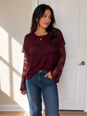 WAYF Burgundy Lace Cape Overlay Blouse – Size Large
